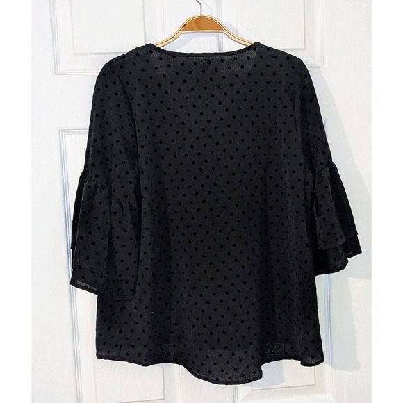 Tyche Black‎ Polka Dot Blouse Bell Sleeve V Neck Elegant Lightweight Top Size M - Picture 2 of 8